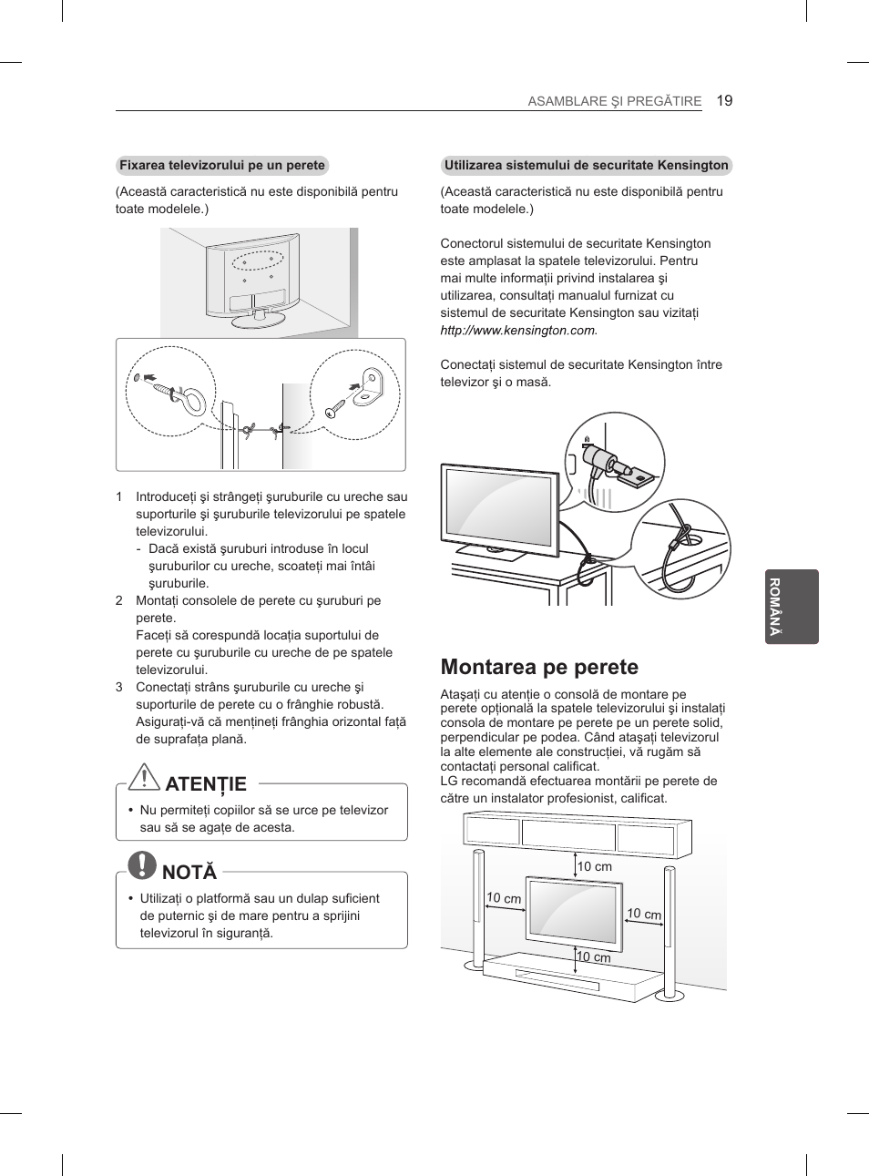 Montarea pe perete, Atenţie, Notă | LG 47LM615S User Manual | Page 145 / 441