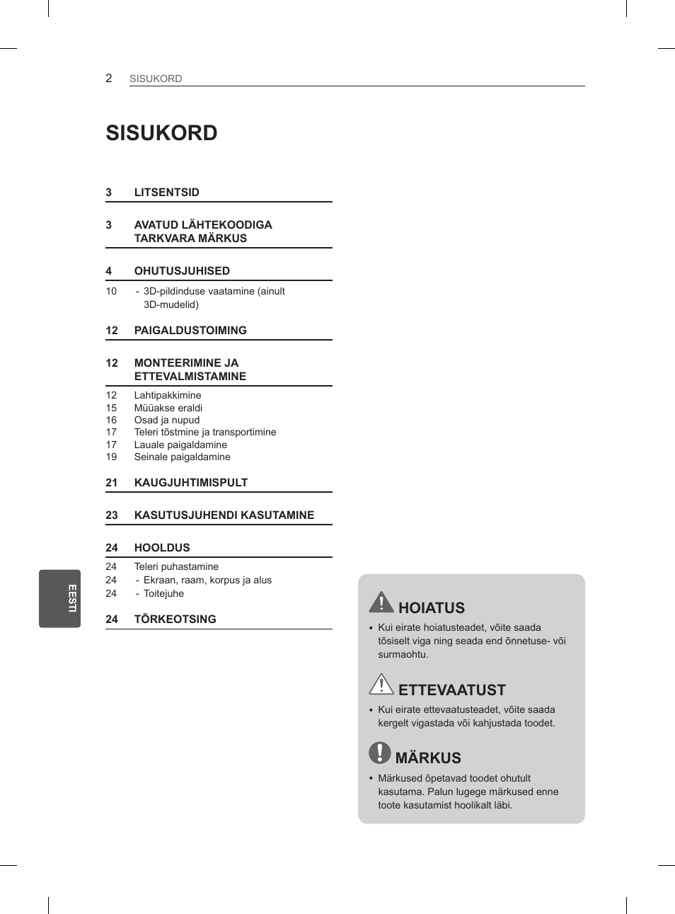 Sisukord, Hoiatus, Ettevaatust | Märkus | LG 47LM615S User Manual | Page 176 / 441