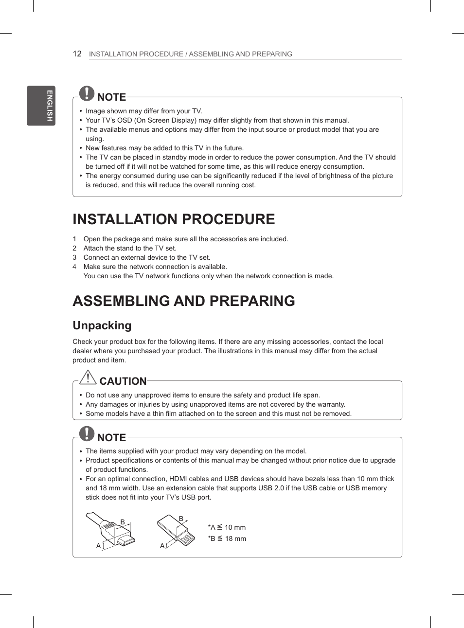 Installation procedure, Assembling and preparing, Unpacking | Caution | LG 47LM615S User Manual | Page 18 / 441