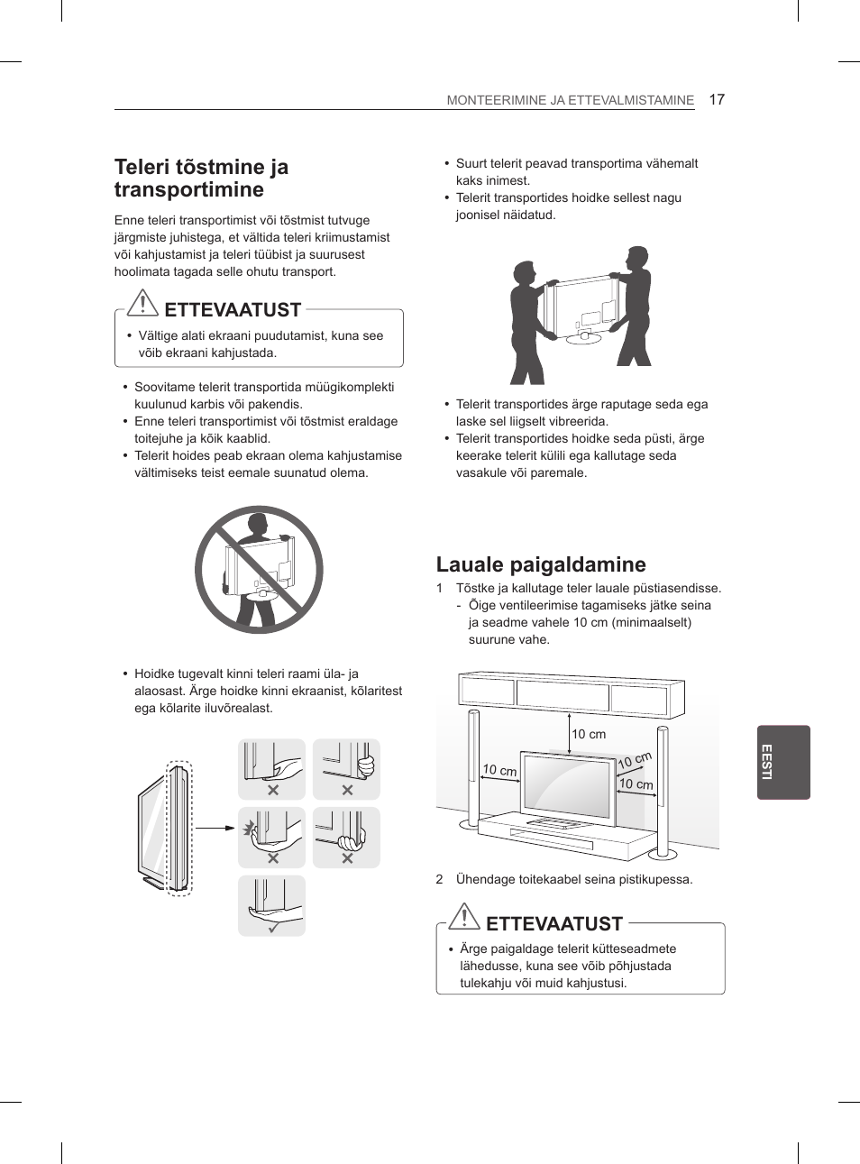 Teleri tõstmine ja transportimine, Lauale paigaldamine, Ettevaatust | LG 47LM615S User Manual | Page 191 / 441