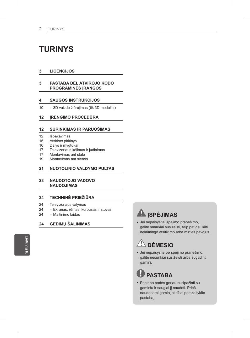 Turinys, Įspėjimas, Dėmesio | Pastaba | LG 47LM615S User Manual | Page 200 / 441