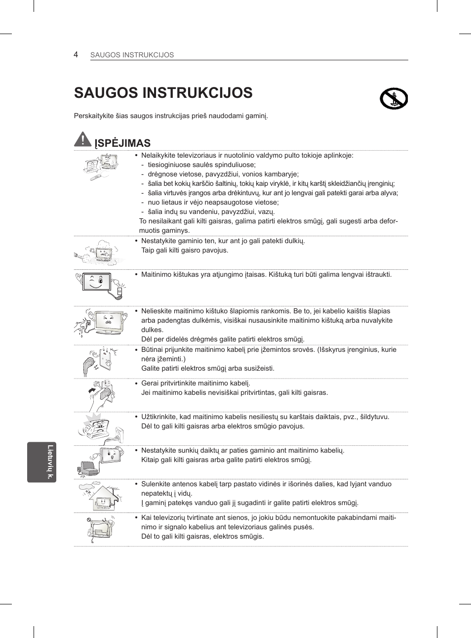 Saugos instrukcijos, Įspėjimas | LG 47LM615S User Manual | Page 202 / 441