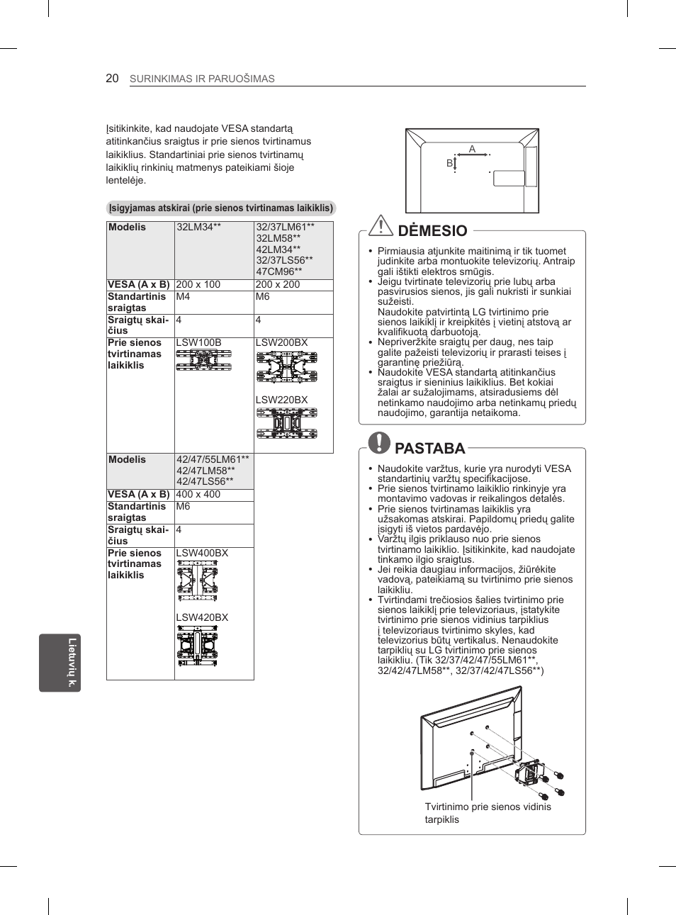 Dėmesio, Pastaba | LG 47LM615S User Manual | Page 218 / 441