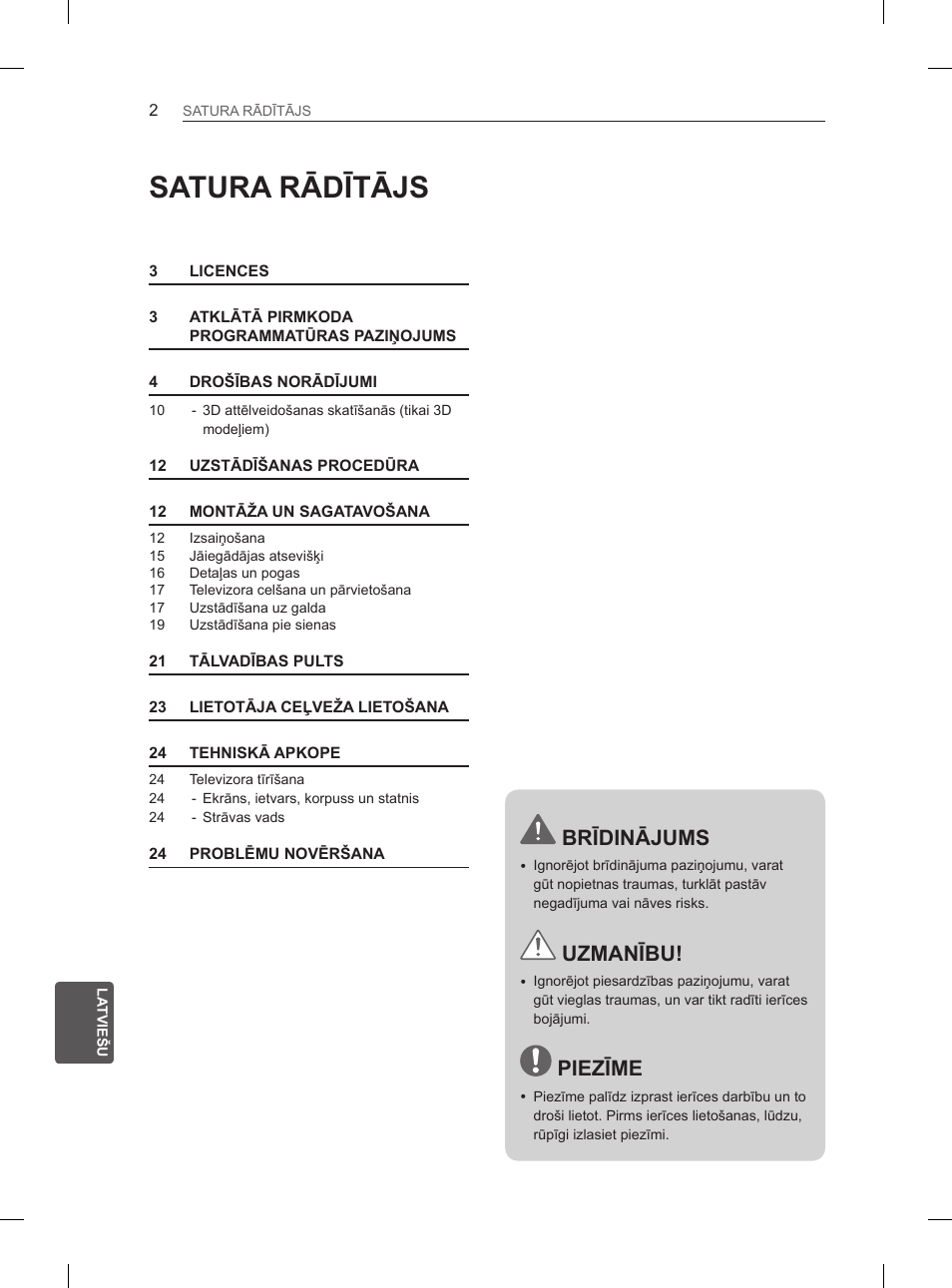 Satura rādītājs, Brīdinājums, Uzmanību | Piezīme | LG 47LM615S User Manual | Page 224 / 441