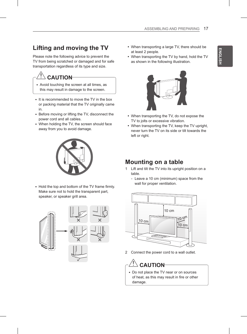 Lifting and moving the tv, Mounting on a table, Caution | LG 47LM615S User Manual | Page 23 / 441