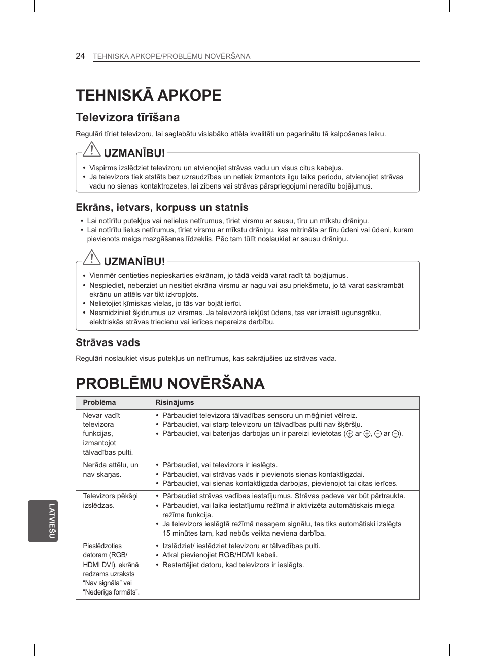 Tehniskā apkope, Problēmu novēršana, Televizora tīrīšana | Uzmanību, Ekrāns, ietvars, korpuss un statnis, Strāvas vads | LG 47LM615S User Manual | Page 246 / 441