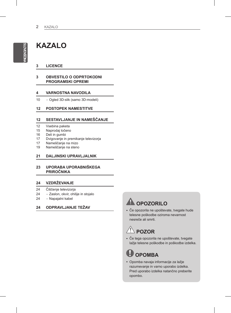 Kazalo, Opozorilo, Pozor | Opomba | LG 47LM615S User Manual | Page 248 / 441