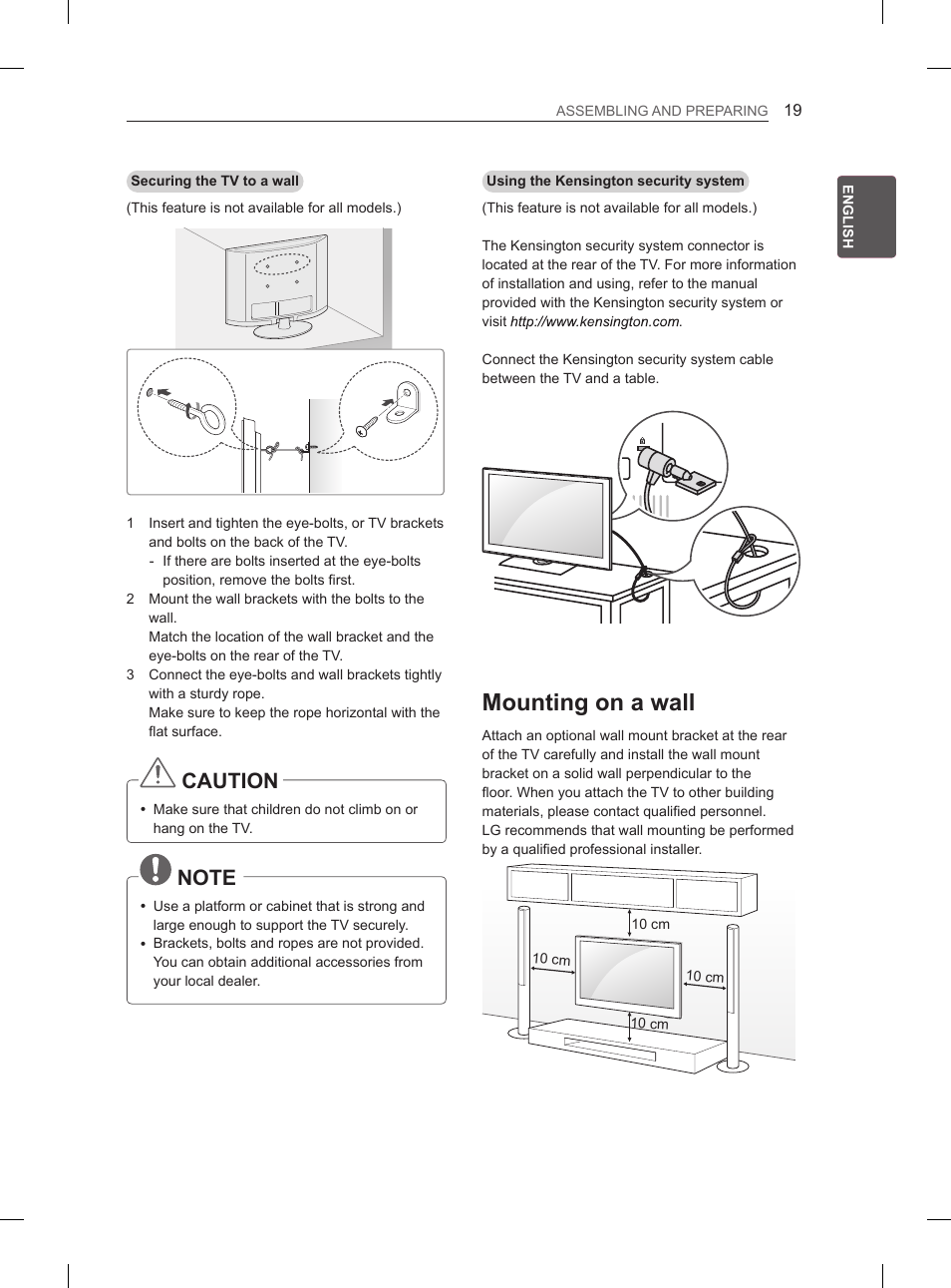 Mounting on a wall, Caution | LG 47LM615S User Manual | Page 25 / 441