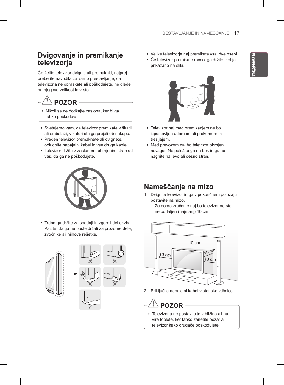 Dvigovanje in premikanje televizorja, Nameščanje na mizo, Pozor | LG 47LM615S User Manual | Page 263 / 441