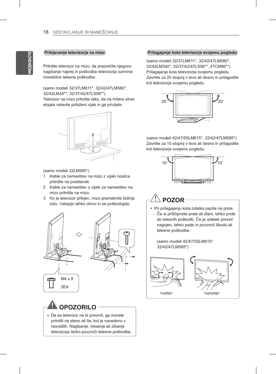 Opozorilo, Pozor | LG 47LM615S User Manual | Page 264 / 441