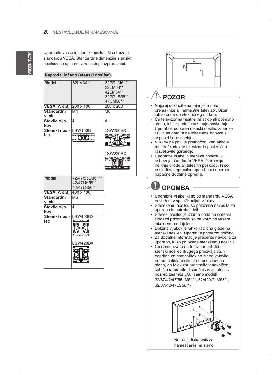 Pozor, Opomba | LG 47LM615S User Manual | Page 266 / 441