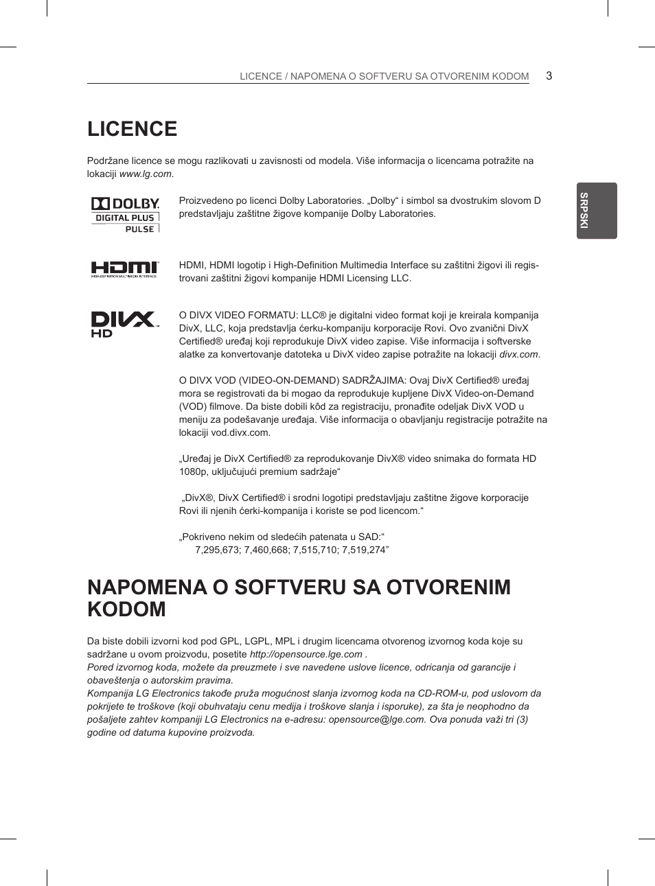 Licence, Napomena o softveru sa otvorenim kodom | LG 47LM615S User Manual | Page 273 / 441