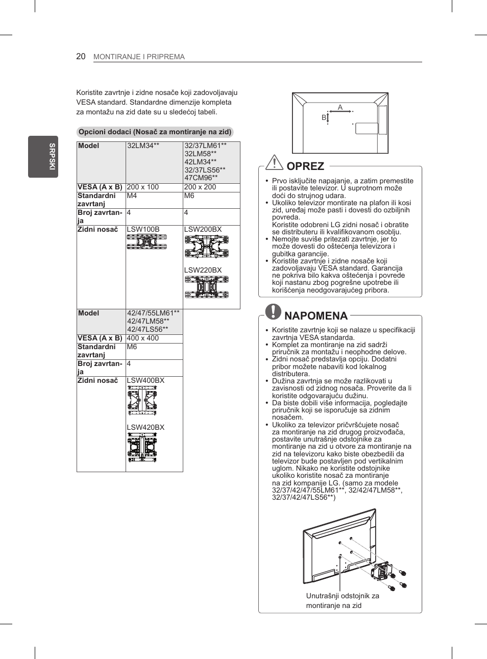 Oprez, Napomena | LG 47LM615S User Manual | Page 290 / 441