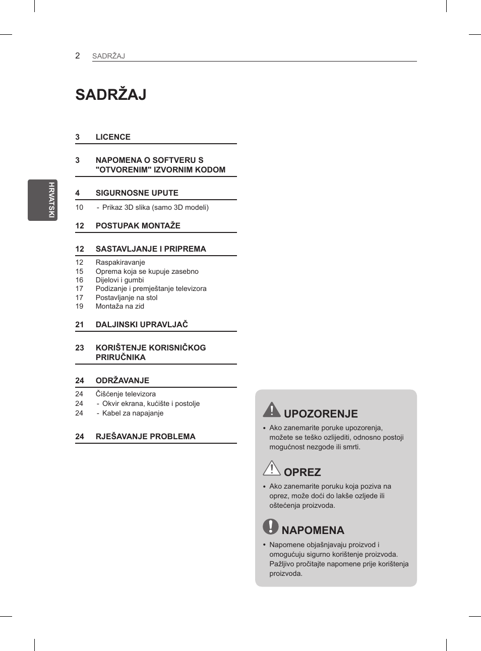 Sadržaj, Upozorenje, Oprez | Napomena | LG 47LM615S User Manual | Page 296 / 441