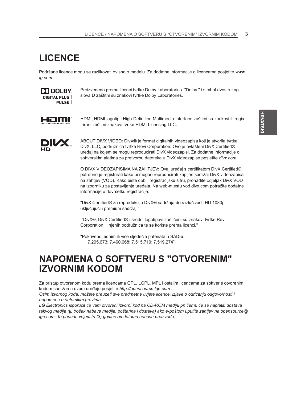 Licence, Napomena o softveru s "otvorenim" izvornim kodom | LG 47LM615S User Manual | Page 297 / 441