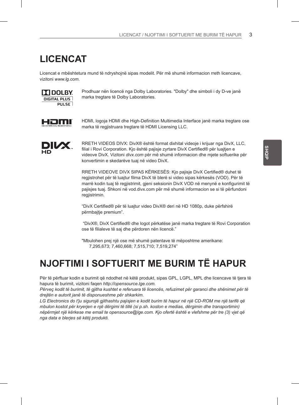 Licencat, Njoftimi i softuerit me burim të hapur | LG 47LM615S User Manual | Page 321 / 441