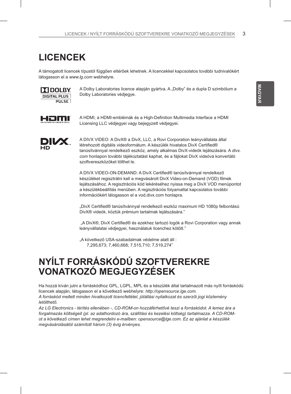 Licencek | LG 47LM615S User Manual | Page 33 / 441