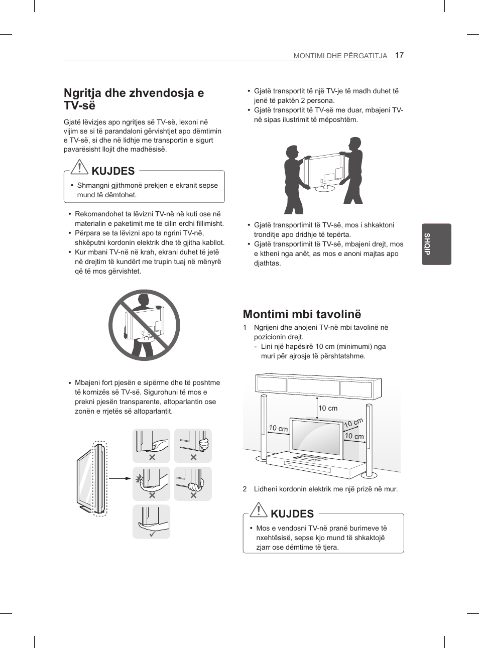 Ngritja dhe zhvendosja e tv-së, Montimi mbi tavolinë, Kujdes | LG 47LM615S User Manual | Page 335 / 441