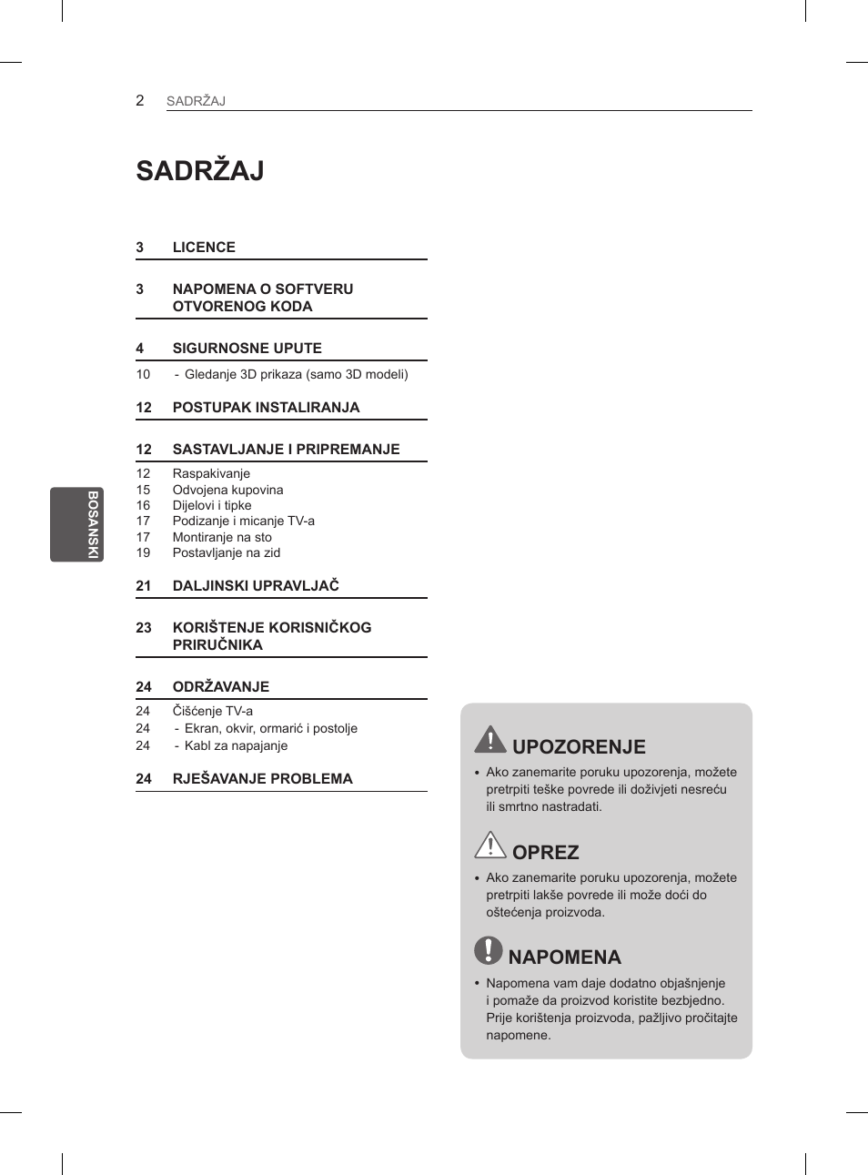 Sadržaj, Upozorenje, Oprez | Napomena | LG 47LM615S User Manual | Page 344 / 441