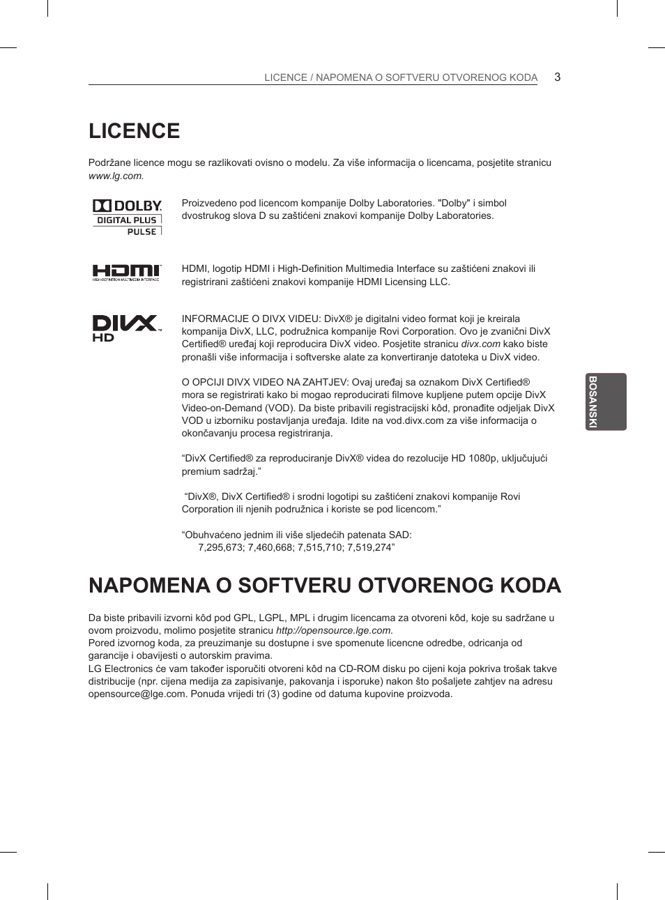 Licence, Napomena o softveru otvorenog koda | LG 47LM615S User Manual | Page 345 / 441