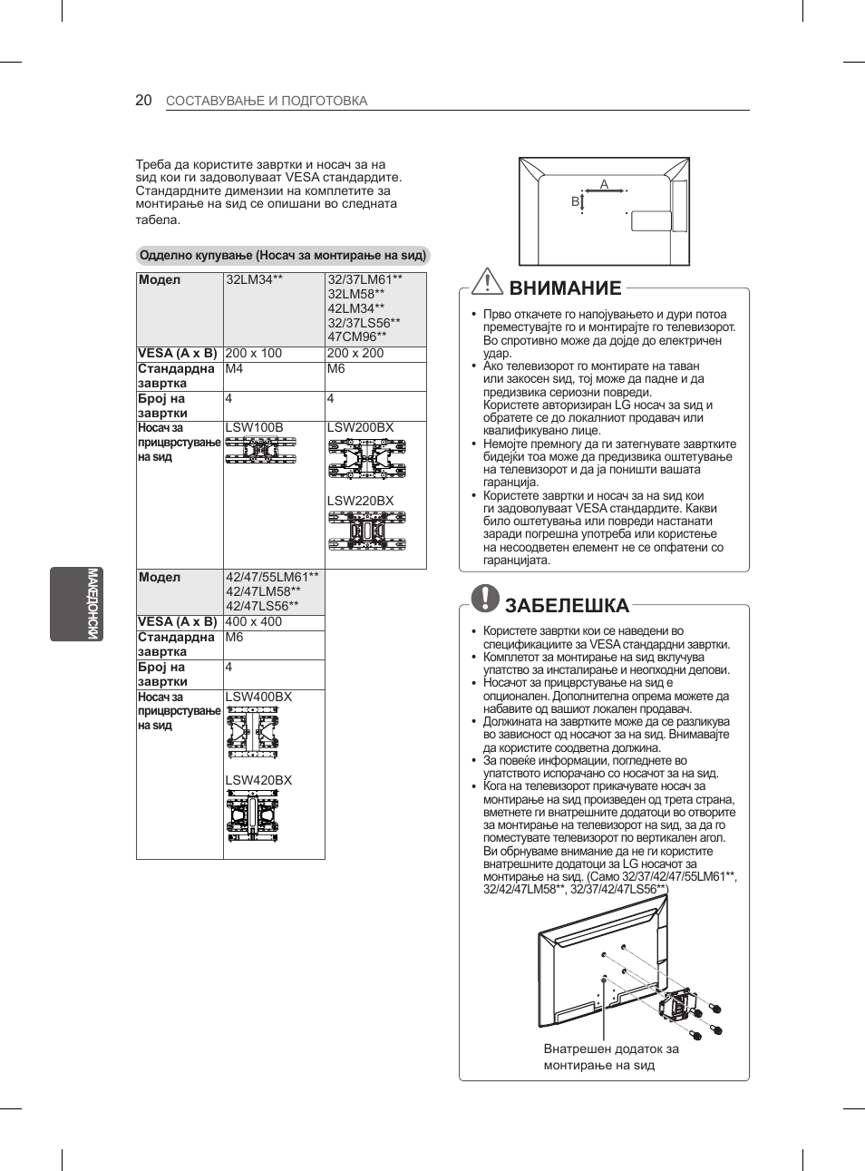 Внимание, Забелешка | LG 47LM615S User Manual | Page 386 / 441