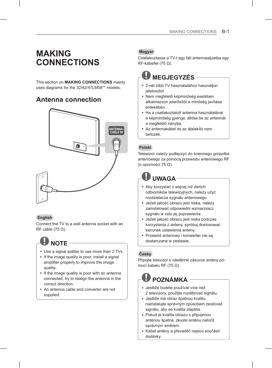 Making connections, Antenna connection, Megjegyzés | Uwaga, Poznámka | LG 47LM615S User Manual | Page 391 / 441