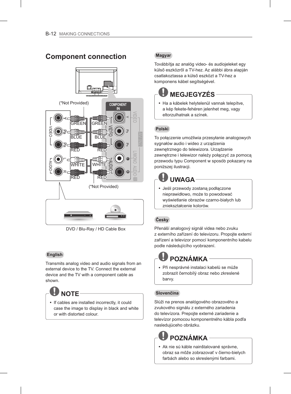 Component connection, Megjegyzés, Uwaga | Poznámka | LG 47LM615S User Manual | Page 402 / 441