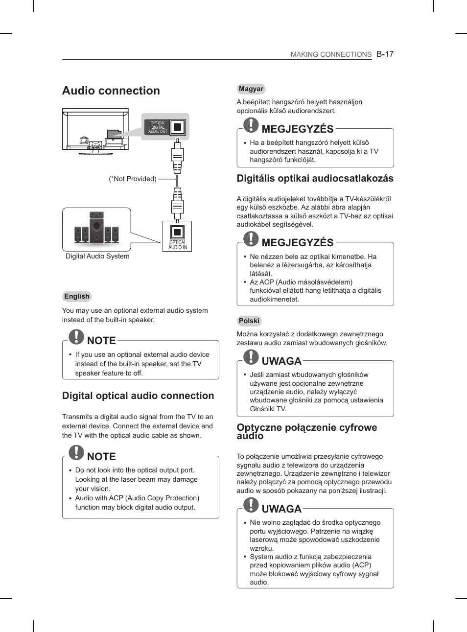 Audio connection, Megjegyzés, Uwaga | Digital optical audio connection, Digitális optikai audiocsatlakozás, Optyczne połączenie cyfrowe audio | LG 47LM615S User Manual | Page 407 / 441