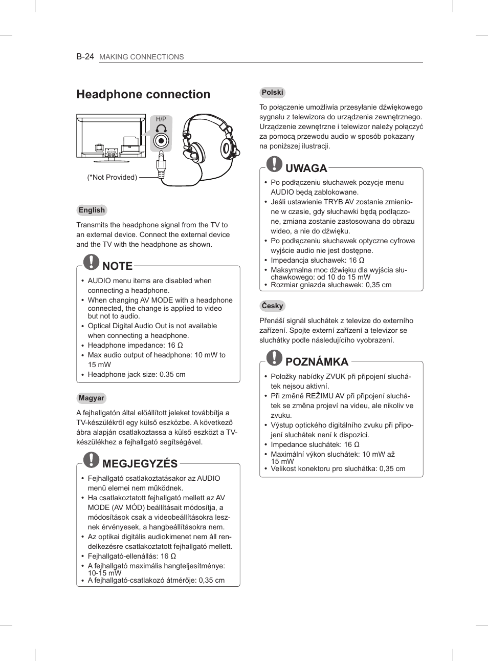 Headphone connection, Megjegyzés, Uwaga | Poznámka | LG 47LM615S User Manual | Page 414 / 441