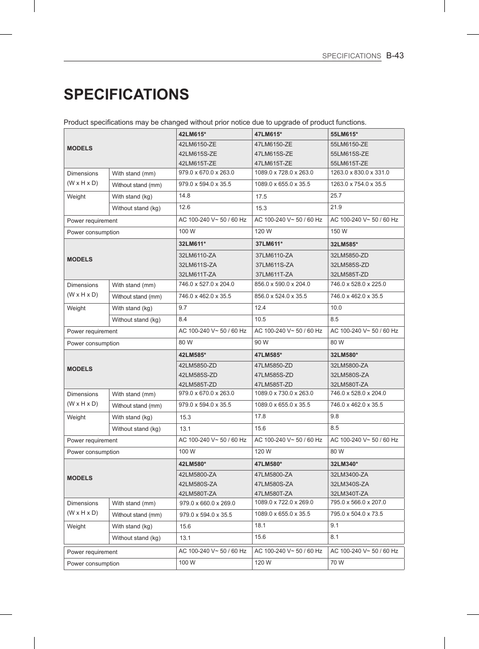 Specifications, B-43 | LG 47LM615S User Manual | Page 433 / 441