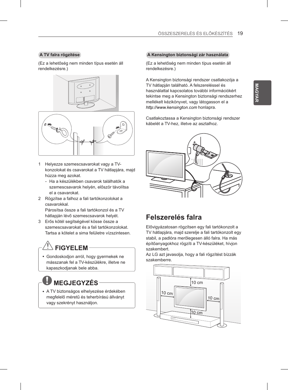 Felszerelés falra, Figyelem, Megjegyzés | LG 47LM615S User Manual | Page 49 / 441