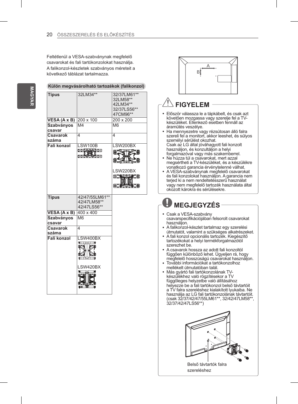Figyelem, Megjegyzés | LG 47LM615S User Manual | Page 50 / 441