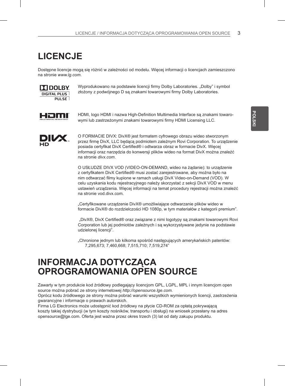 Licencje, Informacja dotycząca oprogramowania open source | LG 47LM615S User Manual | Page 57 / 441