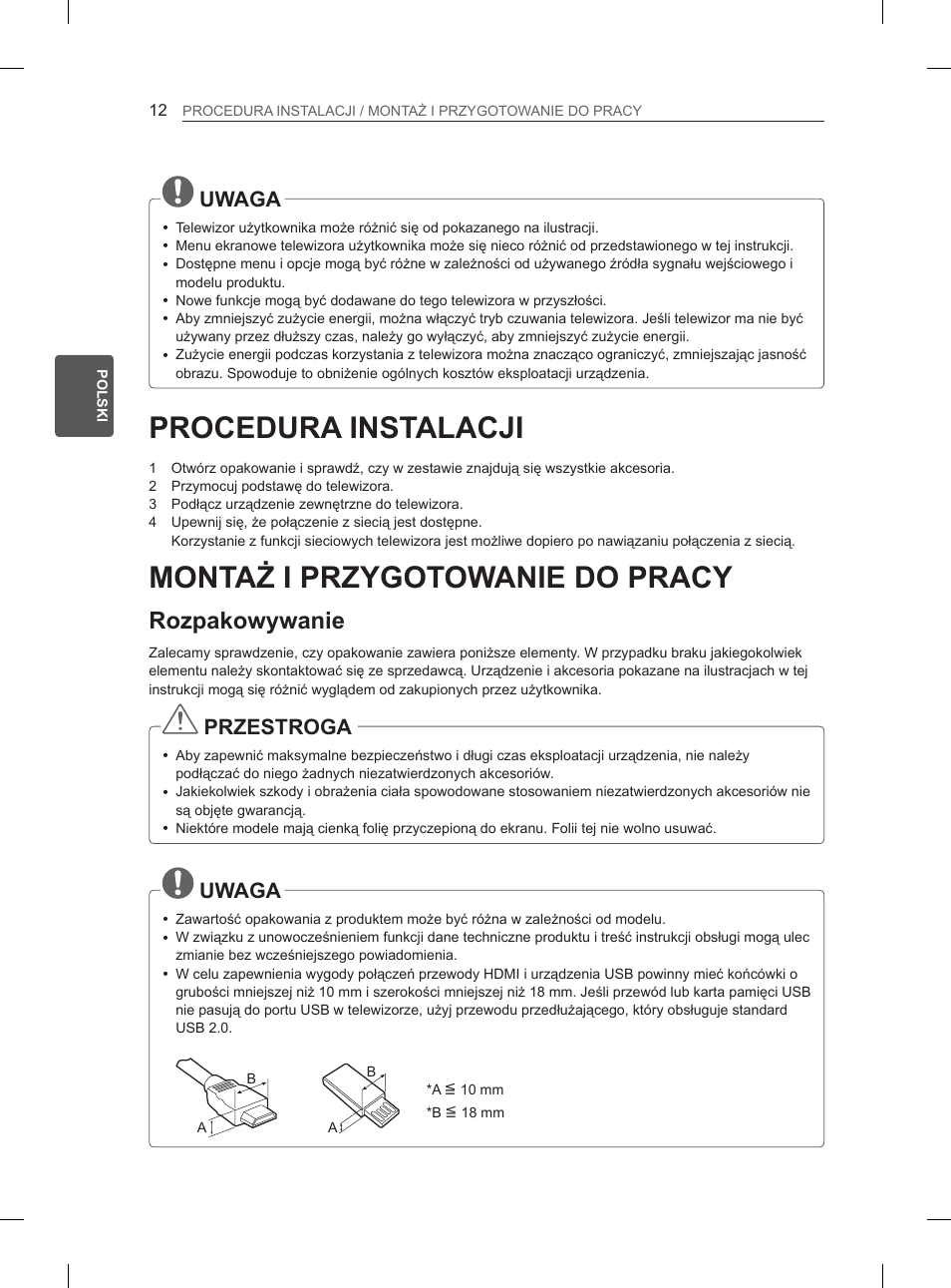 Procedura instalacji, Montaż i przygotowanie do pracy, Rozpakowywanie | Uwaga, Przestroga | LG 47LM615S User Manual | Page 66 / 441