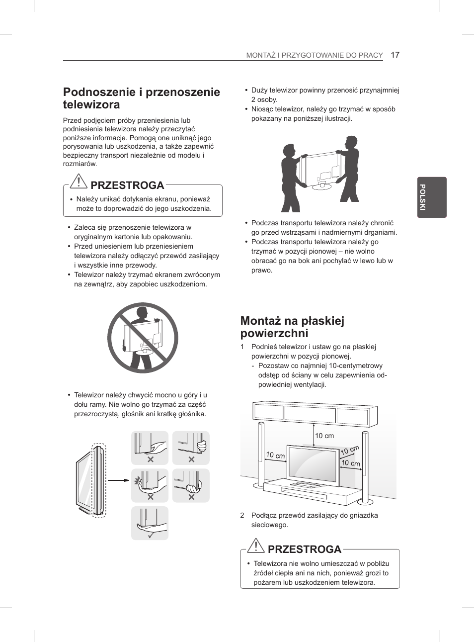 Podnoszenie i przenoszenie telewizora, Montaż na płaskiej powierzchni, Przestroga | LG 47LM615S User Manual | Page 71 / 441