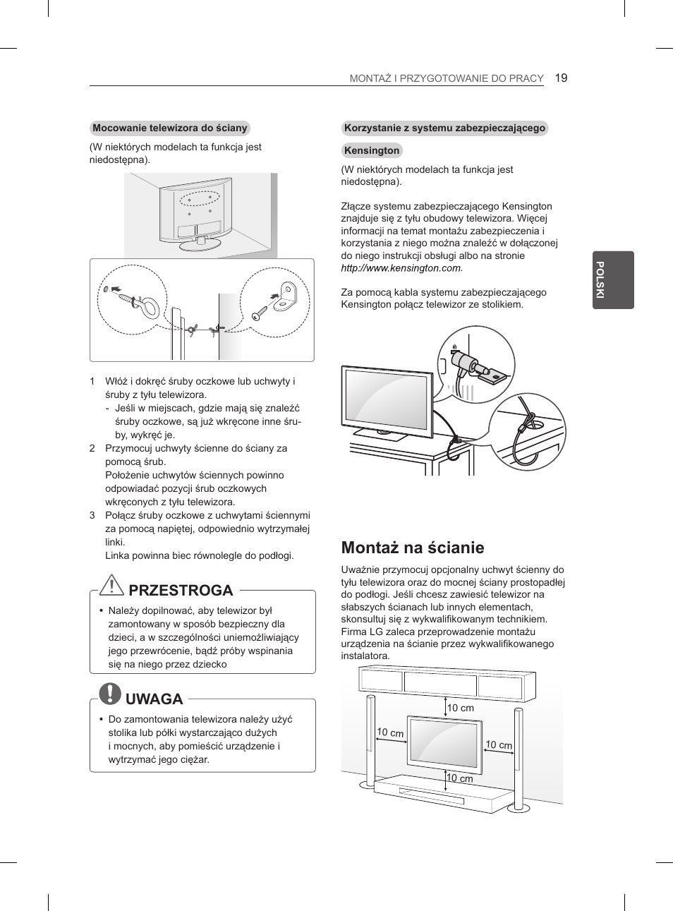 Montaż na ścianie, Przestroga, Uwaga | LG 47LM615S User Manual | Page 73 / 441