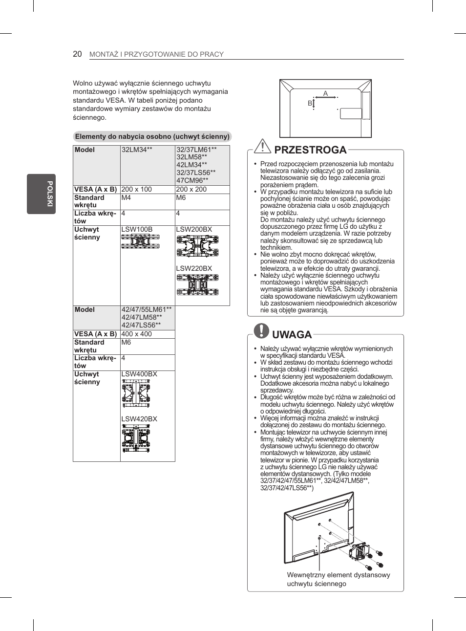 Przestroga, Uwaga | LG 47LM615S User Manual | Page 74 / 441