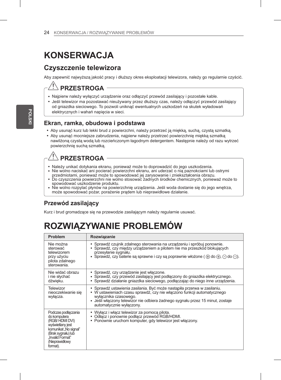 Konserwacja, Rozwiązywanie problemów, Czyszczenie telewizora | Przestroga, Ekran, ramka, obudowa i podstawa, Przewód zasilający | LG 47LM615S User Manual | Page 78 / 441