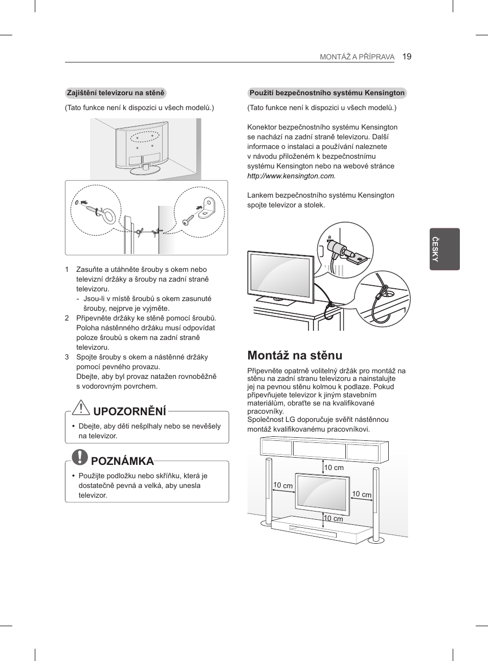 Montáž na stěnu, Upozornění, Poznámka | LG 47LM615S User Manual | Page 97 / 441