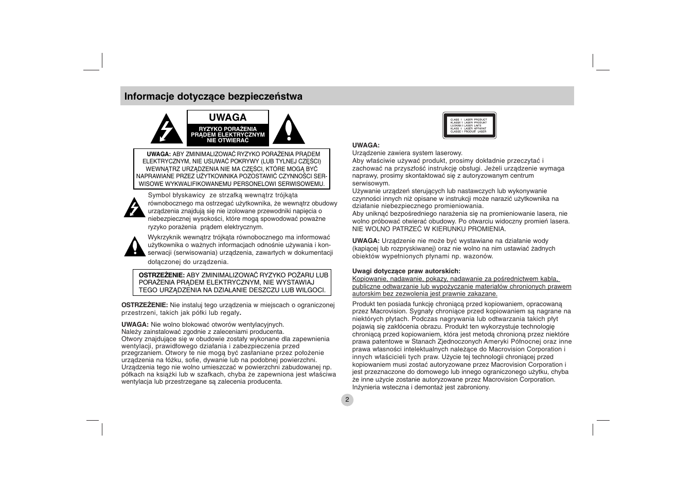 Informacje dotyczące bezpieczeństwa, Uwaga | LG DP271B User Manual | Page 170 / 211