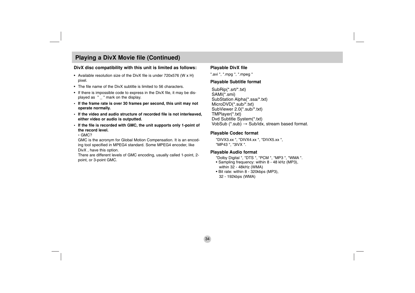 Playing a divx movie file (continued) | LG DP271B User Manual | Page 34 / 211