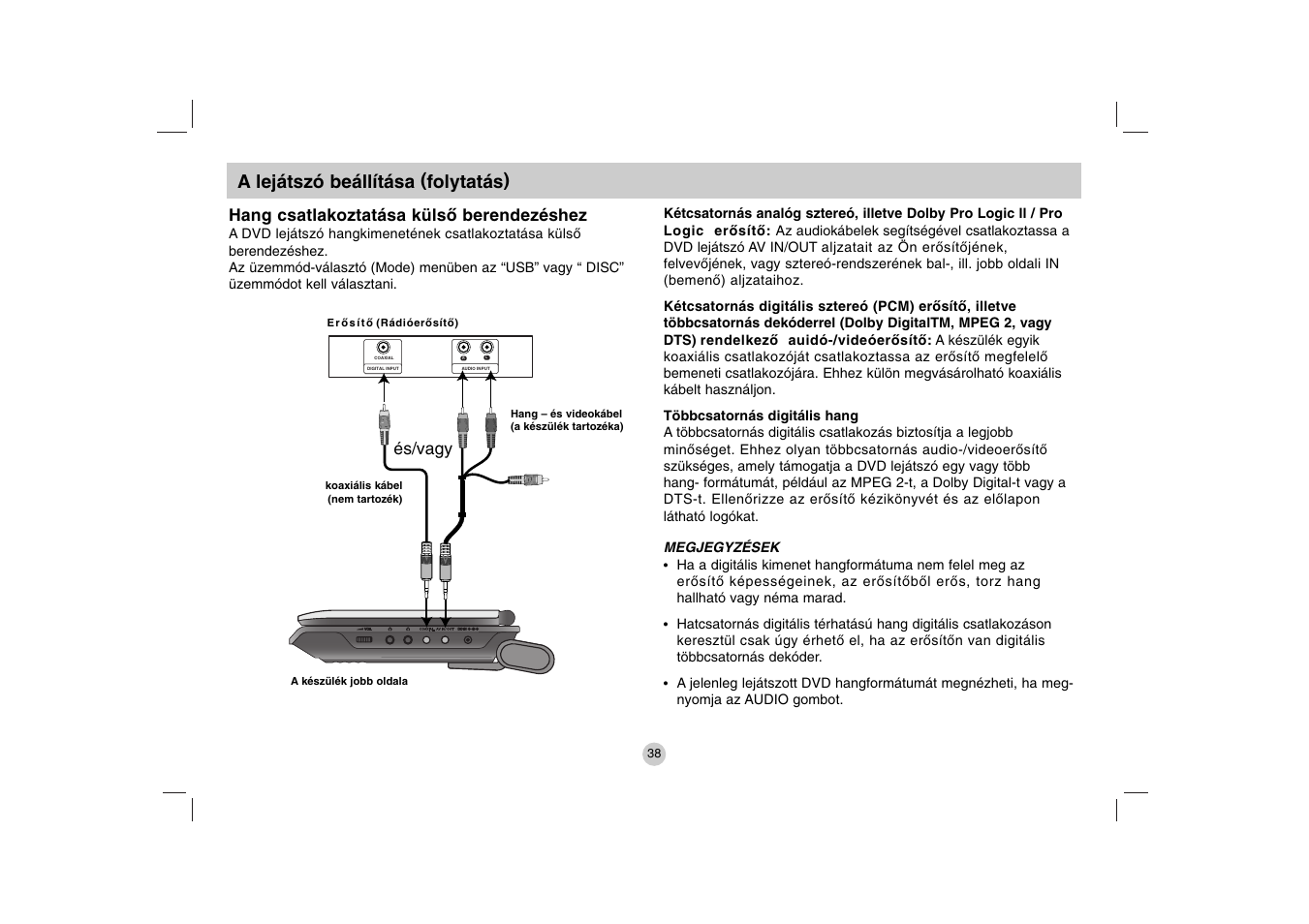 A lejátszó beállítása (folytatás), Hang csatlakoztatása külső berendezéshez, És/vagy | LG DP271B User Manual | Page 80 / 211