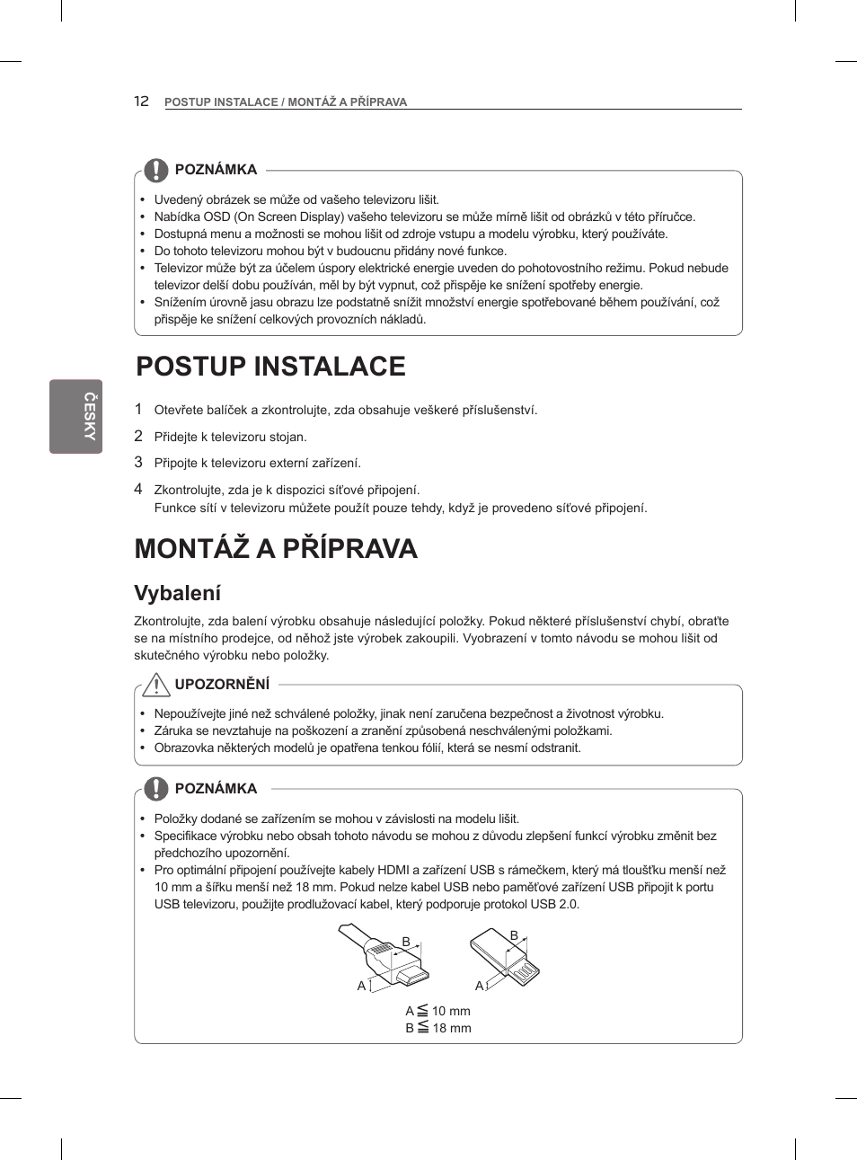 Postup instalace, Montáž a příprava, Vybalení | LG 47LM860V User Manual | Page 106 / 521