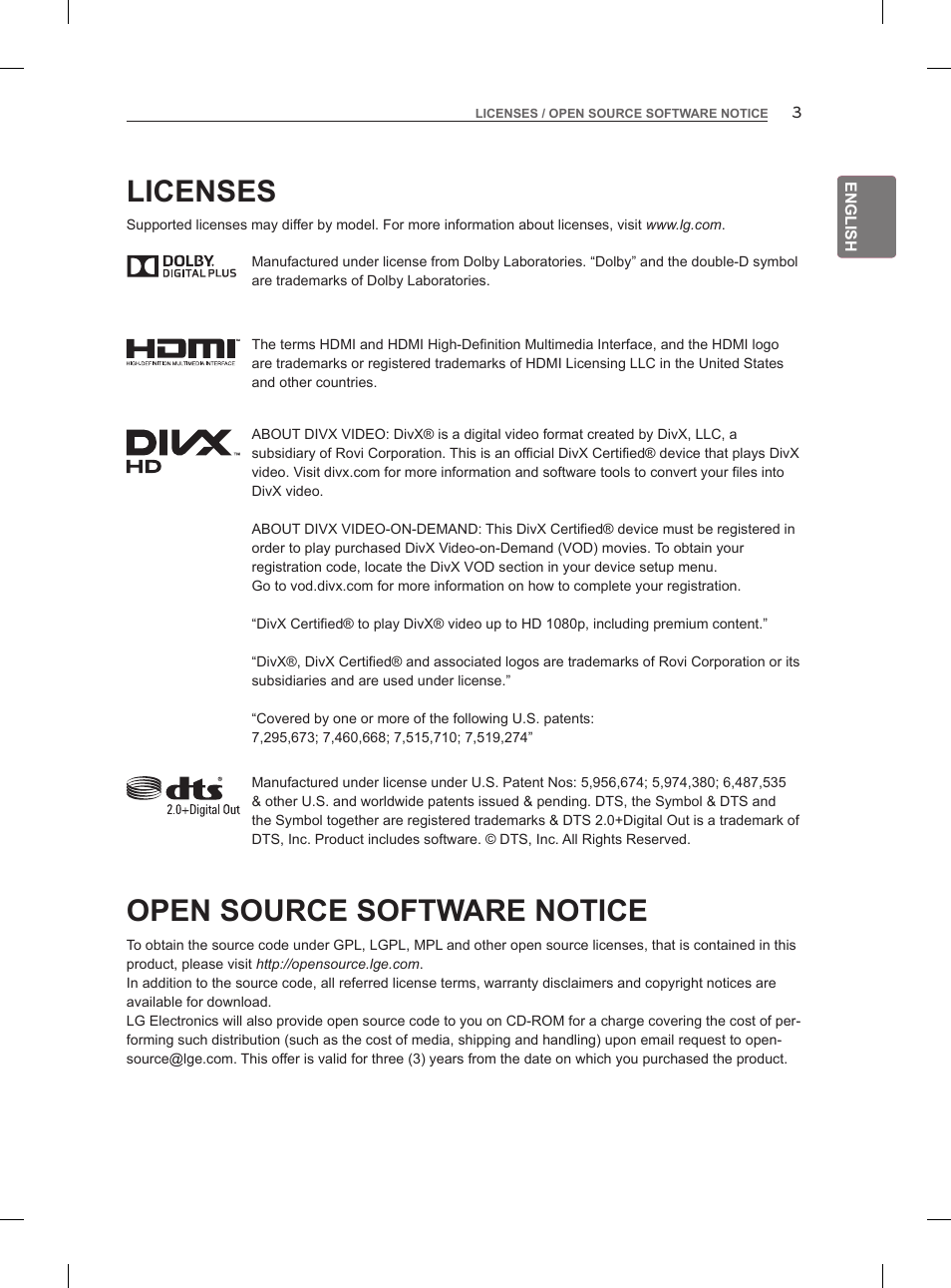 Licenses, Open source software notice | LG 47LM860V User Manual | Page 13 / 521