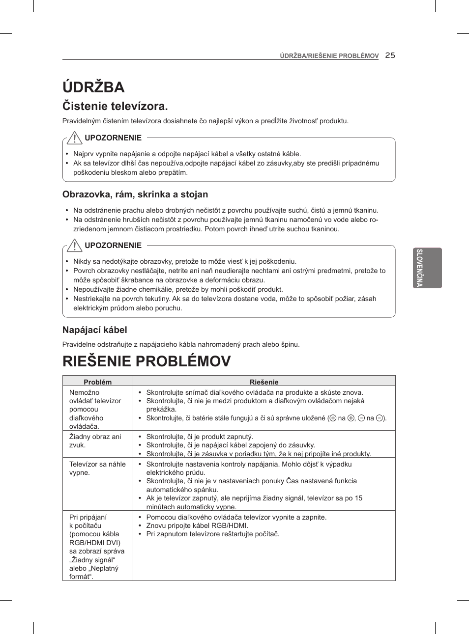 Riešenie problémov, Údržba, Čistenie televízora | LG 47LM860V User Manual | Page 147 / 521