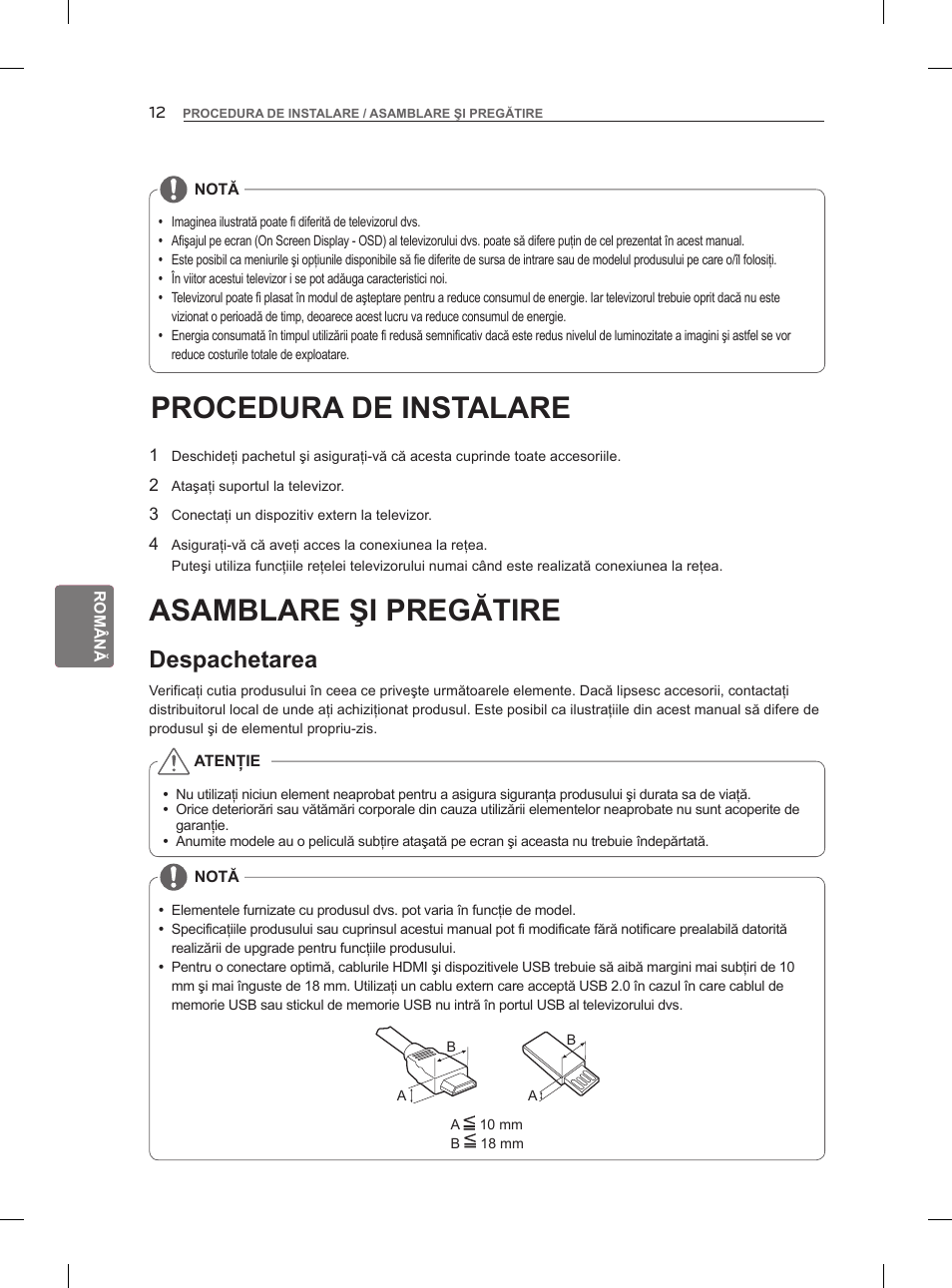 Procedura de instalare, Asamblare şi pregătire, Despachetarea | LG 47LM860V User Manual | Page 162 / 521