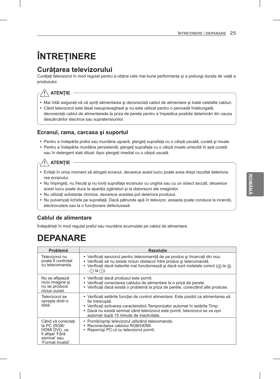 Depanare, Întreţinere, Curăţarea televizorului | LG 47LM860V User Manual | Page 175 / 521
