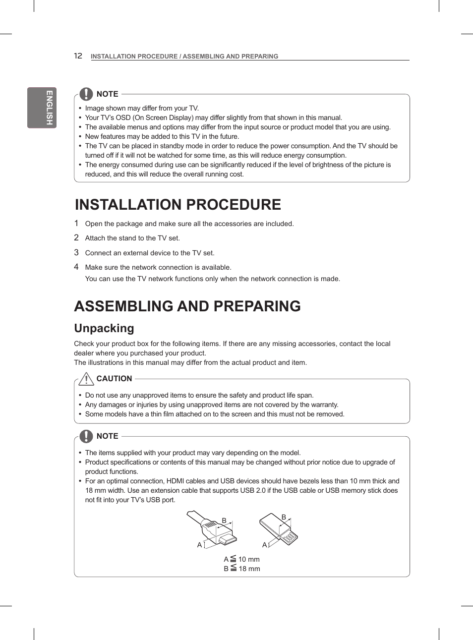 Installation procedure, Assembling and preparing, Unpacking | LG 47LM860V User Manual | Page 22 / 521