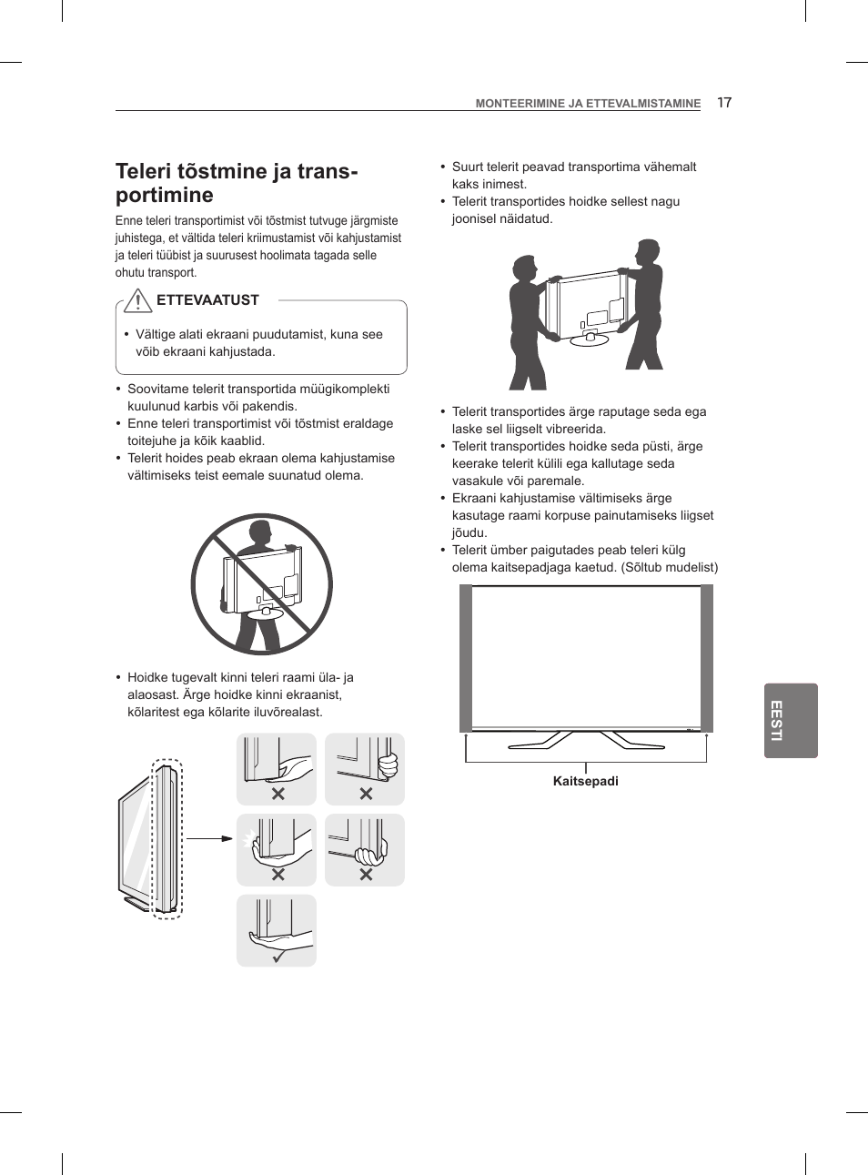 Teleri tõstmine ja trans- portimine | LG 47LM860V User Manual | Page 223 / 521