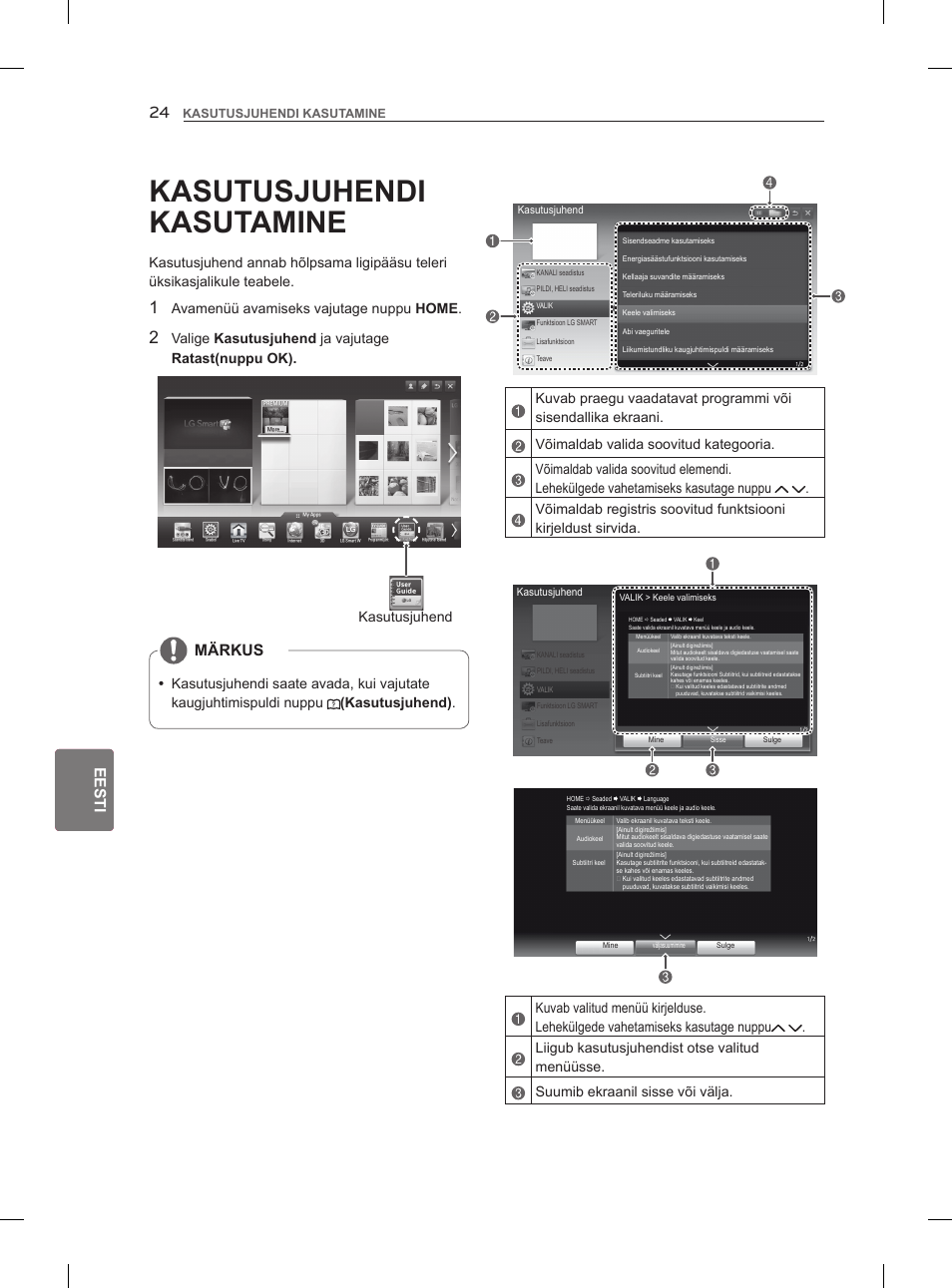 Kasutusjuhendi kasutamine, Eesti, Märkus | Avamenüü avamiseks vajutage nuppu home, Kasutusjuhend | LG 47LM860V User Manual | Page 230 / 521